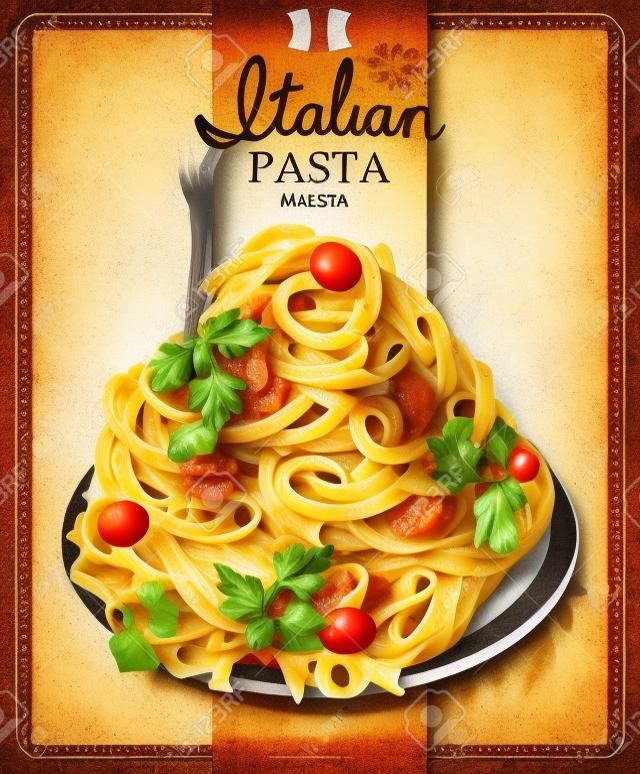 Italienische Pasta Spaghetti mit Sauce. Restaurant-Menü. Plakat im Vintage-Stil.