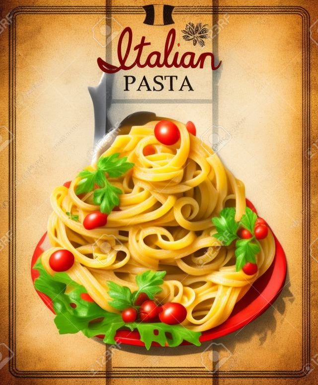 Italienische Pasta Spaghetti mit Sauce. Restaurant-Menü. Plakat im Vintage-Stil.