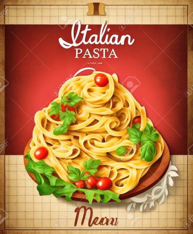 Spaghetti italiani della pasta con la salsa. Menu del ristorante. Poster in stile vintage.