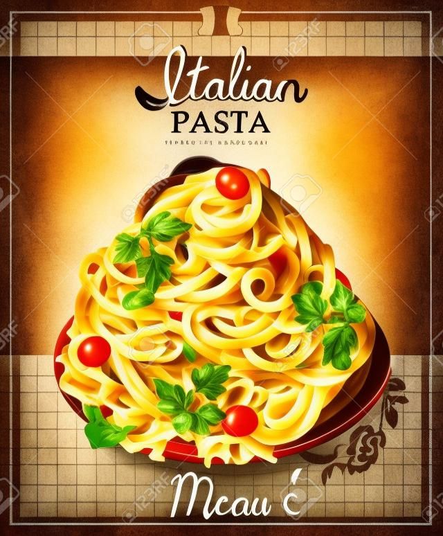 Spaghetti italiani della pasta con la salsa. Menu del ristorante. Poster in stile vintage.