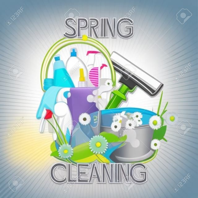 クリーニング サービスやクリーニング用品のためのポスター デザイン。春の大掃除のキットのアイコン
