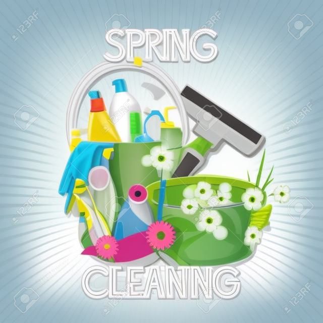 Diseño de cartel para el servicio de limpieza y productos de limpieza. Iconos Kit de Limpieza de Primavera
