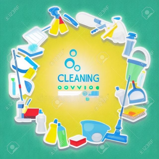 Poster Design per il servizio di pulizia e materiali di pulizia. Kit di Pulizia icone