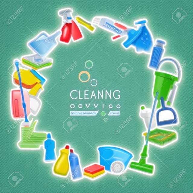Plakát a takarítás és tisztítószerek. Tisztító készlet ikonok
