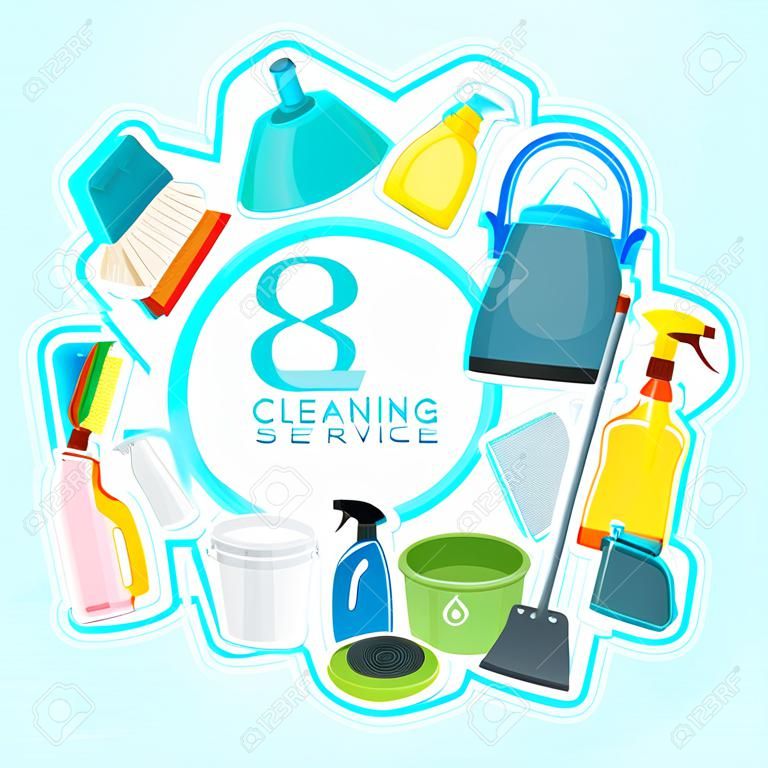 서비스를 청소 및 청소 용품 포스터 디자인. 키트 아이콘을 청소
