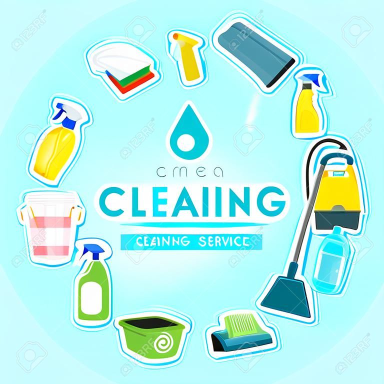 Poster Design per il servizio di pulizia e materiali di pulizia. Kit di Pulizia icone