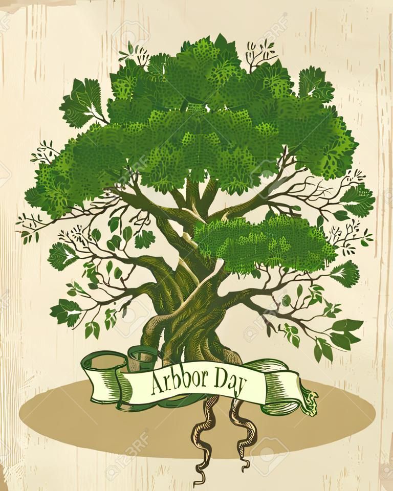 거친 배경에 뿌리를 가진 나무입니다. 빈티지 스타일의 식목일 포스터.