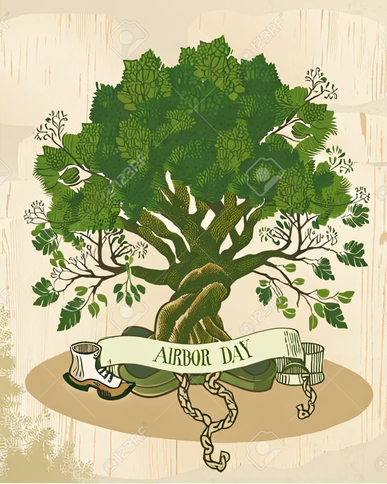 Tree with roots on rough background. Arbor day poster in vintage style.