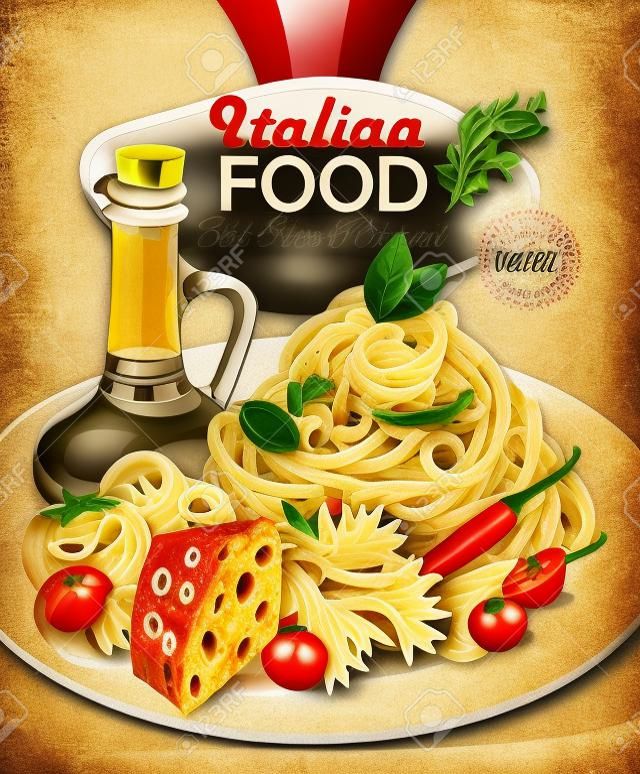 Cibo italiano. Pasta, spaghetti, olio d'oliva. poster in stile vintage.