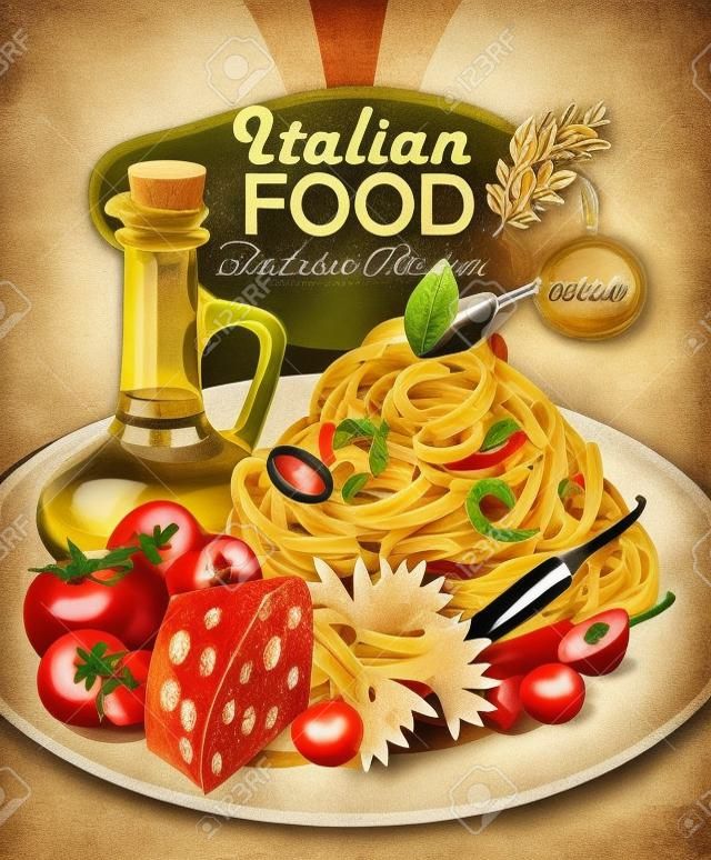 이탈리아 음식. 파스타, 스파게티, 올리브 오일. 빈티지 스타일의 포스터.