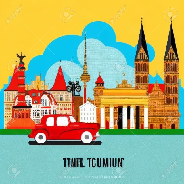 독일은 포스터를 여행한다. 여행 아키텍처 개념. 랜드 마크, 성, 기념물과 관광 배경.