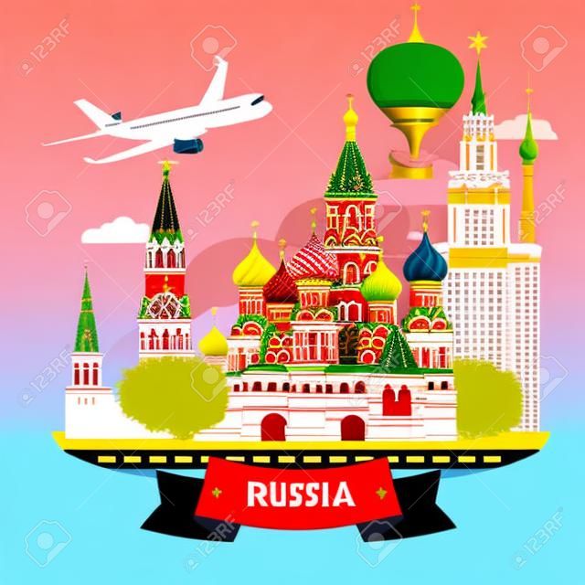 Cartaz vetorial de Rússia. Fundo russo com marco da cidade. Conceito de viagem.
