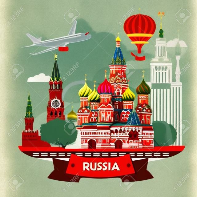 俄罗斯矢量海报俄罗斯背景与城市地标旅游概念