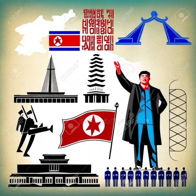 Kore sembolleri ile Kuzey Kore poster. Kuzey Kore vektör çizim.