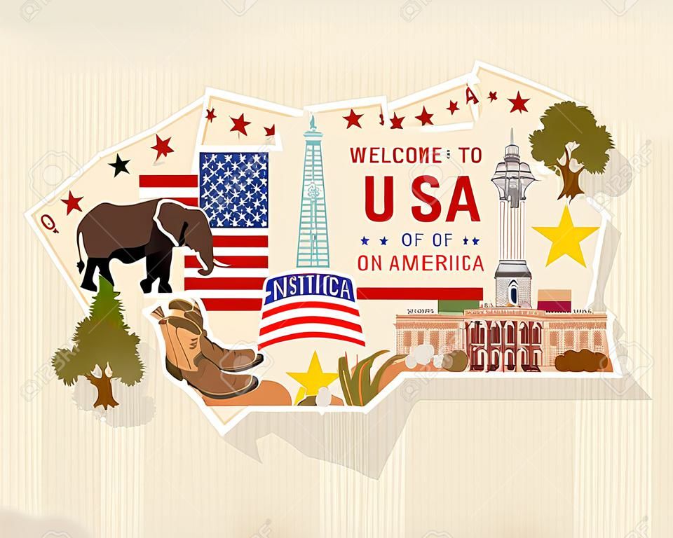 Willkommen in den USA. Vereinigte Staaten von Amerika Plakat. Vektor-Illustration über Reisen