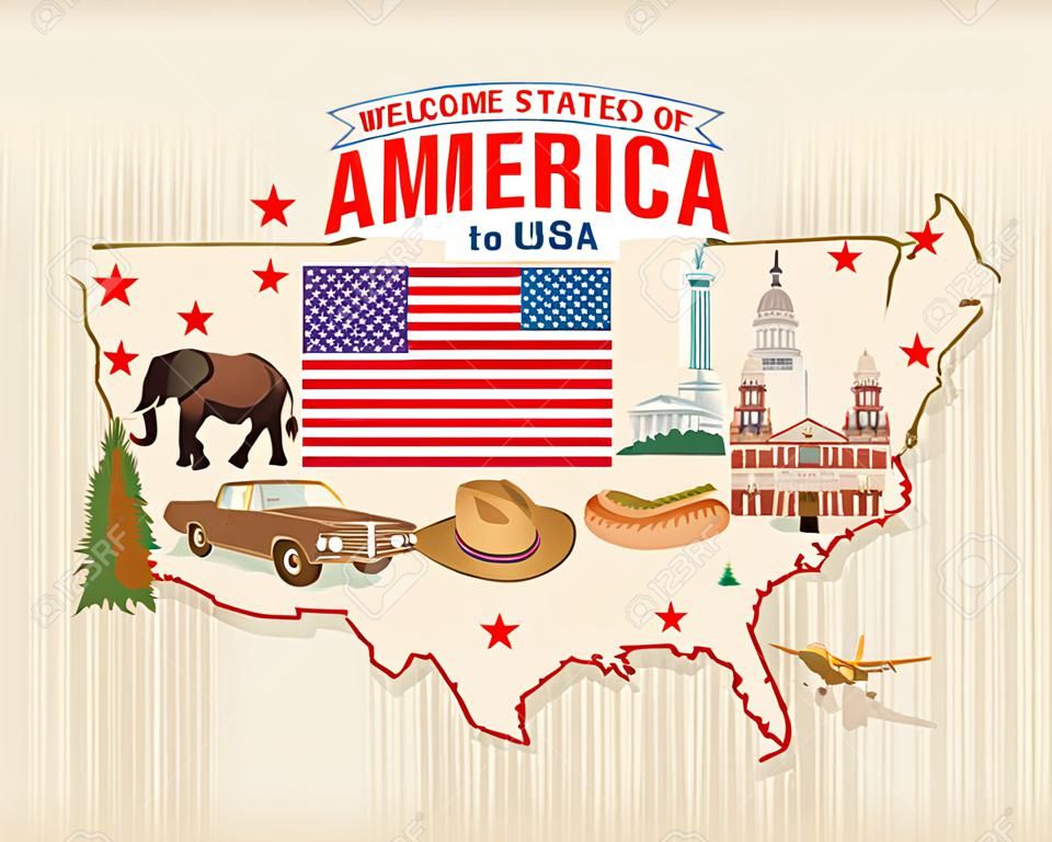Benvenuti negli Stati Uniti. Poster degli Stati Uniti d'America. Illustrazione vettoriale di viaggio