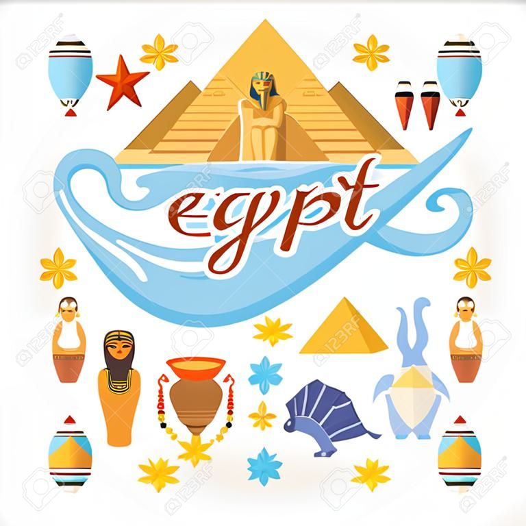 egipto egipto vector . iconos tradicionales egipcios en diseño plano. vacaciones de verano . día de fiesta y el cartel de verano .