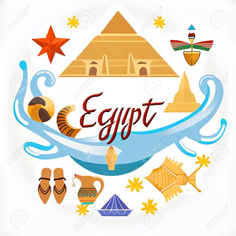 egipto egipto vector . iconos tradicionales egipcios en diseño plano. vacaciones de verano . día de fiesta y el cartel de verano .