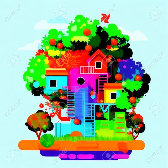 Domek na drzewie w kolorowym płaskim nowoczesnym stylu