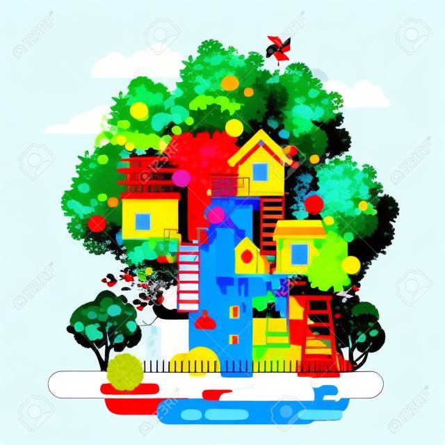 Domek na drzewie w kolorowym płaskim nowoczesnym stylu