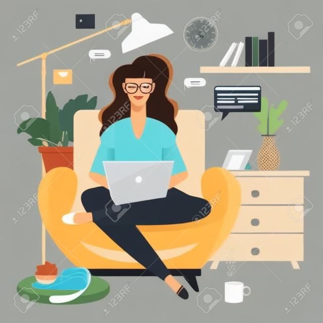 Freelancer at work. Woman is working on a sofa at home with her laptop. Flat style