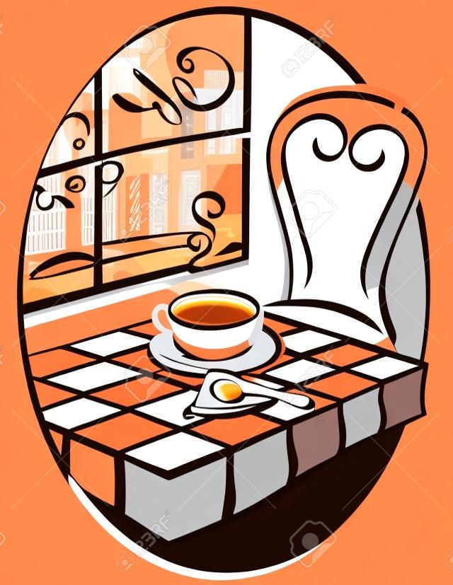 カフェのテーブルでホット コーヒーのカップのベクトル イラスト。
