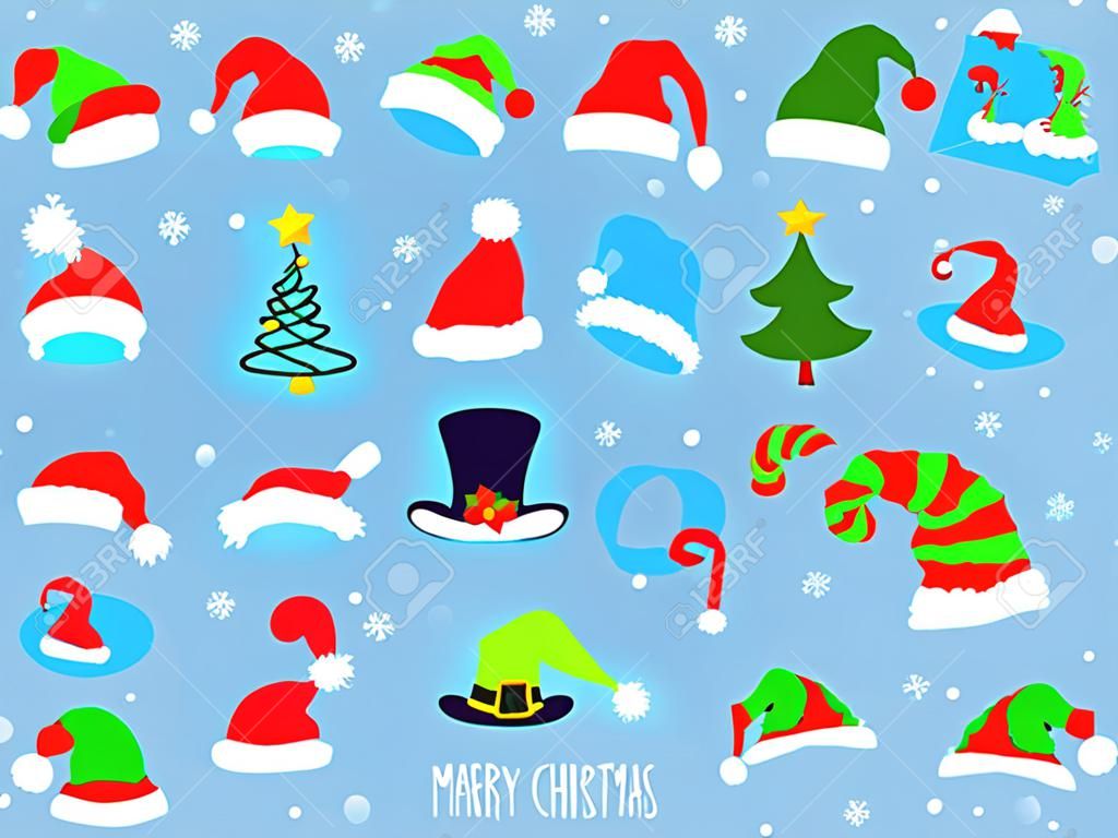 Coleção de chapéus de Natal no fundo azul. Ilustração vetorial em estilo cartoon. Todos os elementos são isolados. timo para impressões, decoração e web desig.