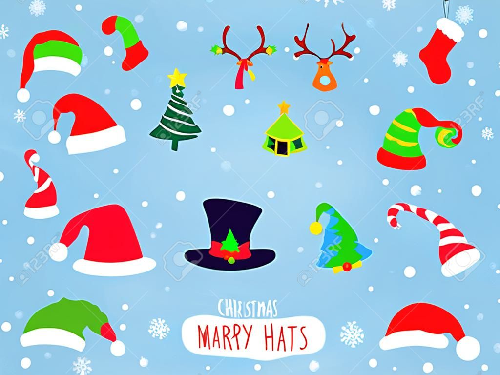Coleção de chapéus de Natal no fundo azul. Ilustração vetorial em estilo cartoon. Todos os elementos são isolados. timo para impressões, decoração e web desig.