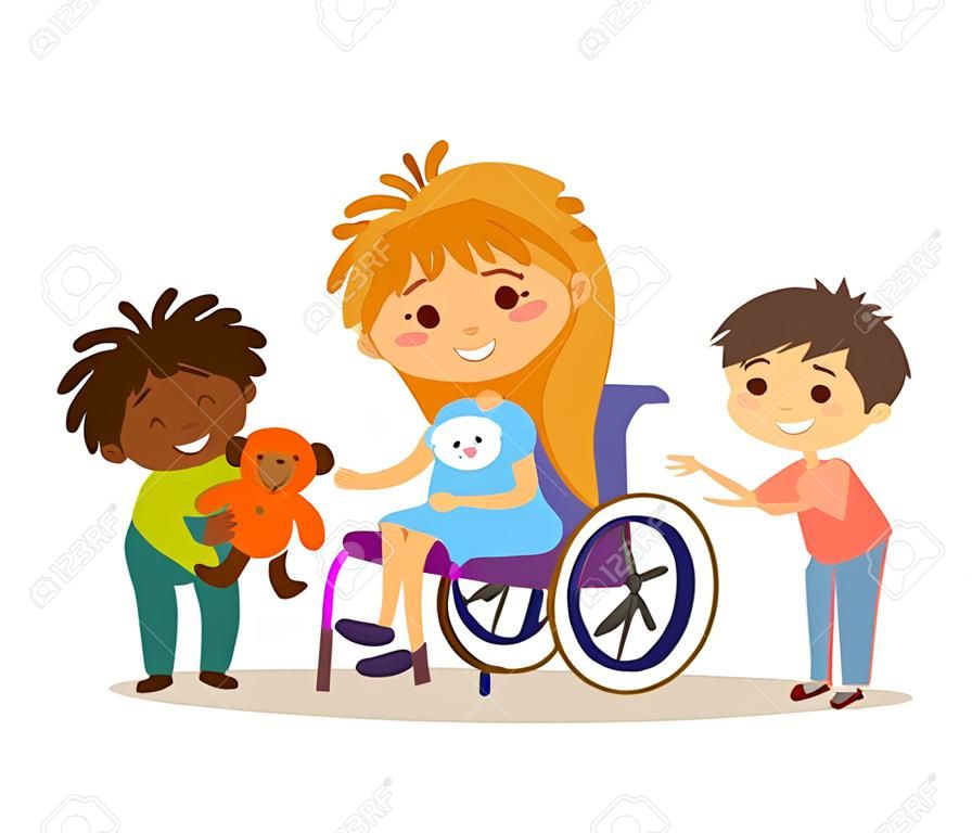 concetto di un'infanzia felice. La cura per il figlio disabile. Imparare e giocare insieme bambini disabili. Aiutare l'integrazione.