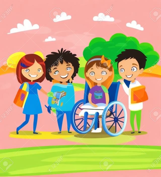 Un gruppo di bambini felici con i libri e l'apprendimento animali domestici e giocare insieme. Kid per disabili in sedia a rotelle. Scena School. Vettore. Isolato.