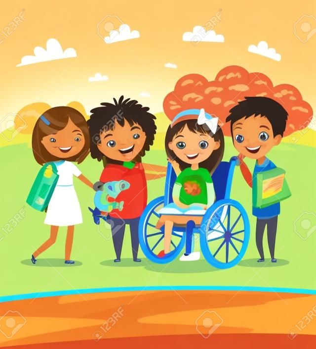 A Group of Happy Children with books and pet learning and playing together. Handicapped Kid in a wheelchair. School Scene Outdoors. Vector. Isolated.