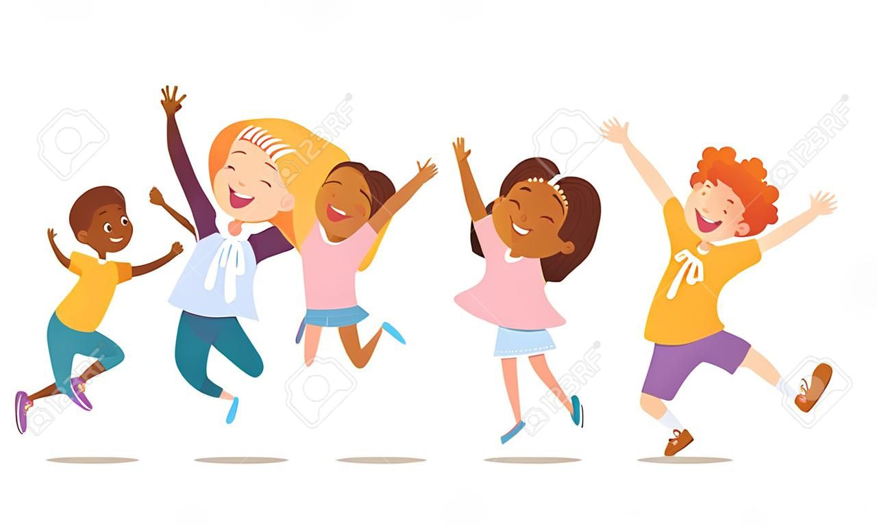 Joyous school friends happily jumping with their hands up against purple background. Concept of true friendship and friendly meeting. Vector illustration for website banner, poster, flyer, invitation.