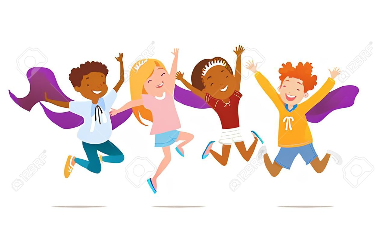 喜んで学校の友人は、紫色の背景に対して手を上げて幸せにジャンプします。真の友情と友好的な会合の概念。ウェブサイトバナー、ポスター、チラシ、招待状のためのベクトルイラスト。
