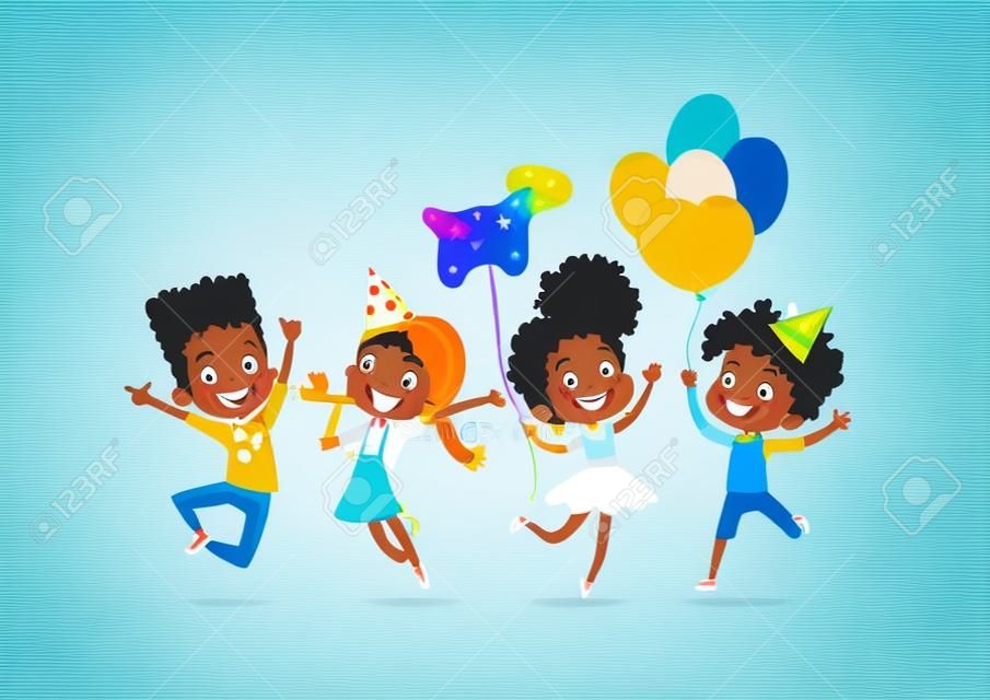 Excited multiracial boys and girls with the balloons and birthday hats happily jumping with their hands up. Birthday party Vector illustration for website banner, poster, flyer, invitation. Isolated.