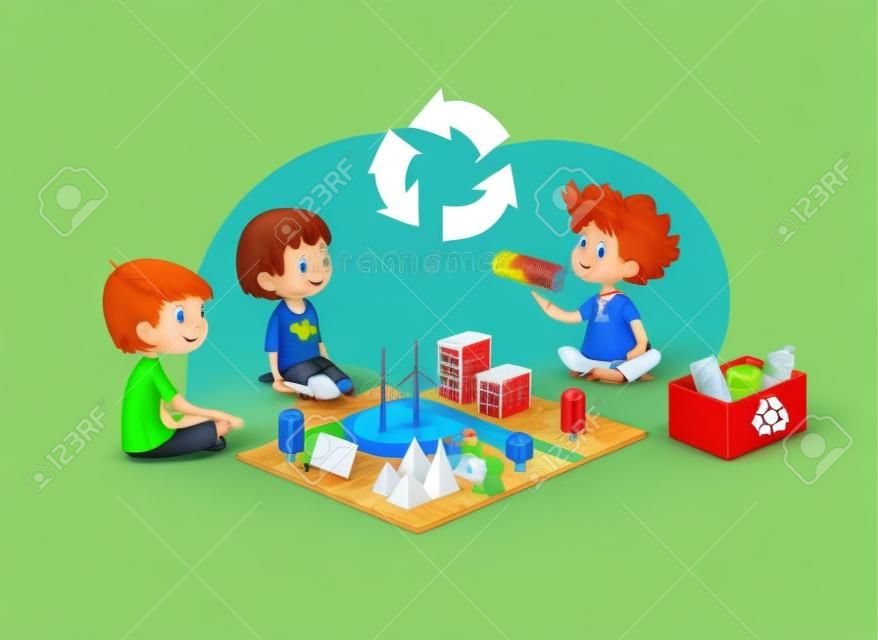 Crianças felizes sentam-se no chão em círculo em torno do modelo de brinquedo com usinas eólicas e solares, menino ruivo demonstra garrafas plásticas e discute a reciclagem e a eliminação de resíduos ecológicos.