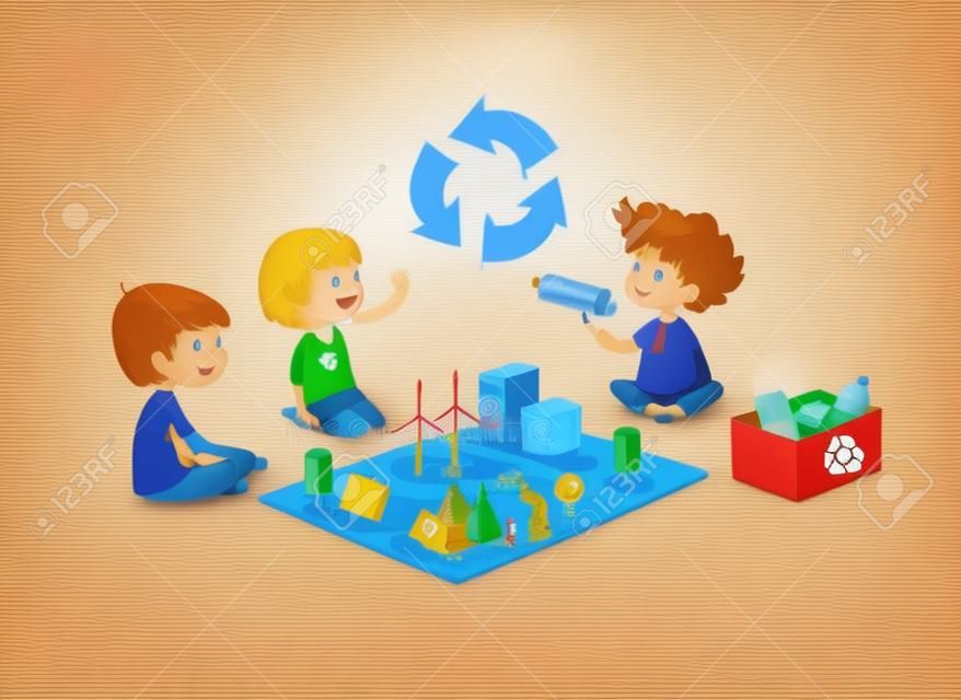 Los niños felices se sientan en el piso en círculo alrededor de un modelo de juguete con plantas de energía eólica y solar, el niño pelirrojo demuestra botellas de plástico y discute el reciclaje y la eliminación de desechos ecológicos. Ilustración vectorial.