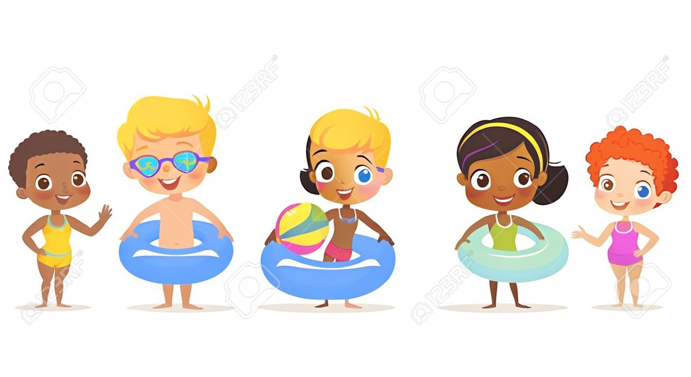 Postacie z imprezy przy basenie. Wielorasowi chłopcy i dziewczęta w kostiumach kąpielowych i pierścionkach bawią się w basenie. African-American Dziewczyna stojąca z piłką. Bohaterowie kreskówek. Wektor na białym tle