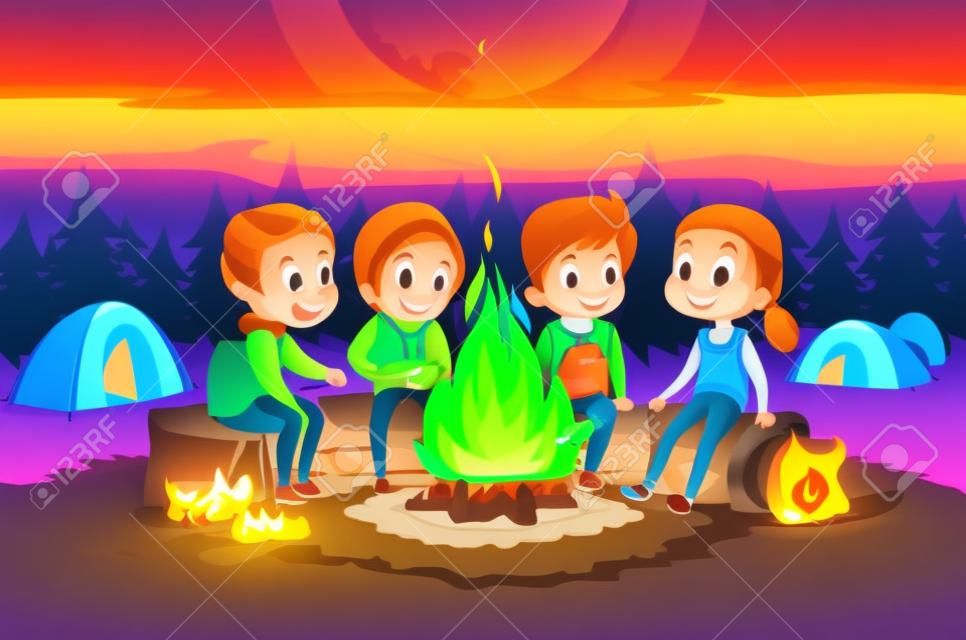 큰 불 근처에서 밤에 숲에서 캠핑하는 아이들. cearcle에 앉아있는 아이들은 무서운 stotys를 말하고 마시멜로를 굽습니다. 백그라운드에서 텐트입니다. 모험과 탐험 개념입니다. 벡터