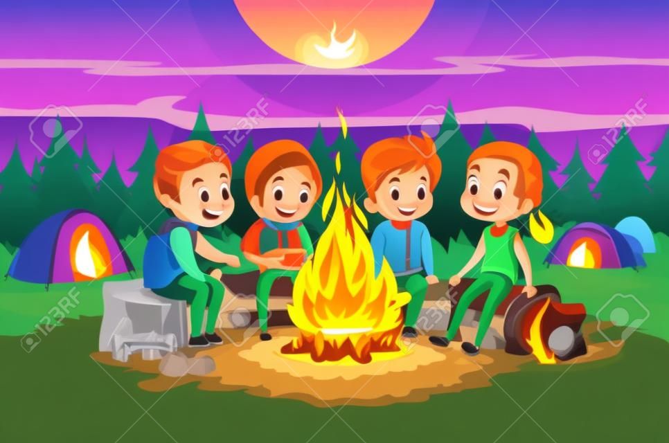 Kinderen kamperen in het bos's nachts in de buurt van grote brand. Kinderen zitten in een cearcle, vertellen enge stottys en gebraden marshmallows. Tenten op de achtergrond. Avontuur en exploratie concept. Vector