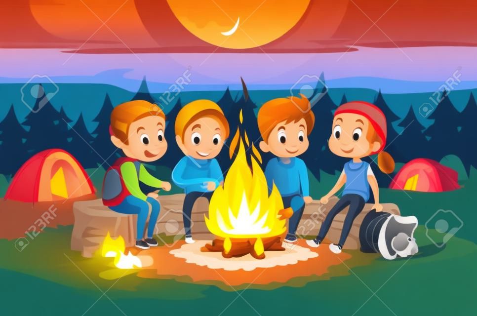 Kids camping in the forest at night near big fire. Children sitting in a cearcle, tell scary stotys and roast marshmallows. Tents in the background. Adventure and exploration concept. Vector
