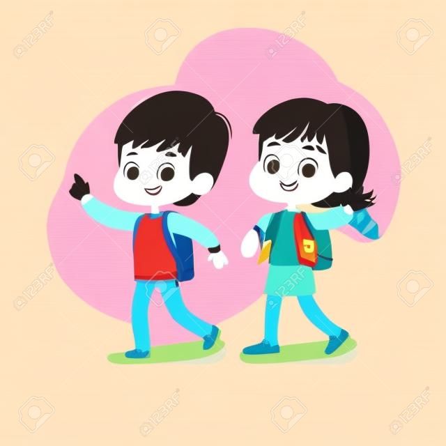 Vector illustration of two kids with the backpacks are going to school. Preschool friends boy and girl are walk to school. Brother and sister isolated.