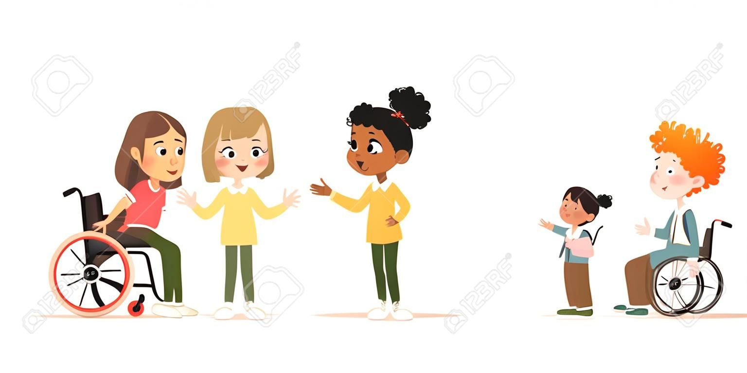 A group of multicultural children are talking to each other. Children greet a new girl in a wheelchair, greet a new friend. The concept of inclusive education at school. Asian boy scanning QR code. School friends are having fun.