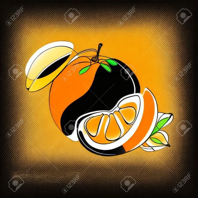 Continuous one line drawing. Orange or citrus fruit. Vector illustration. Minimal abstract art. Black linear art on white background with colorful spots
