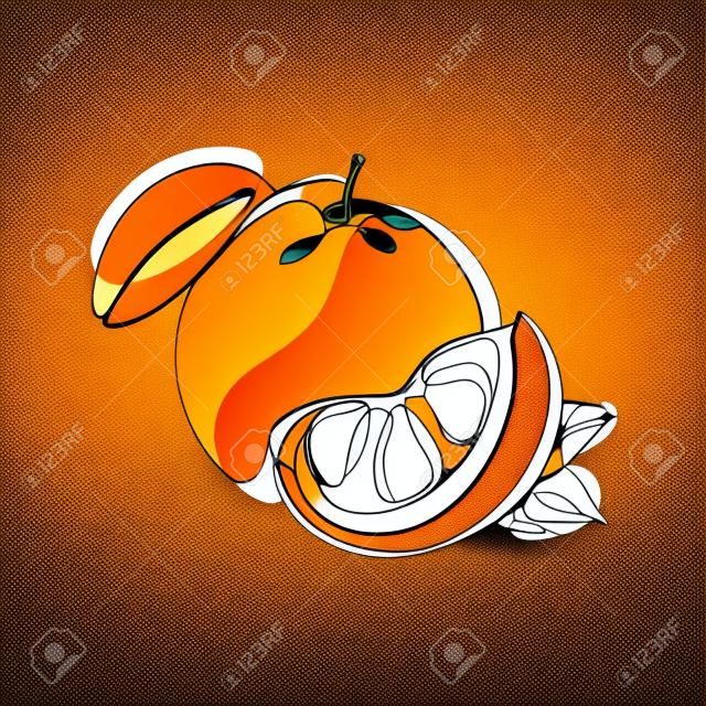 Continuous one line drawing. Orange or citrus fruit. Vector illustration. Minimal abstract art. Black linear art on white background with colorful spots