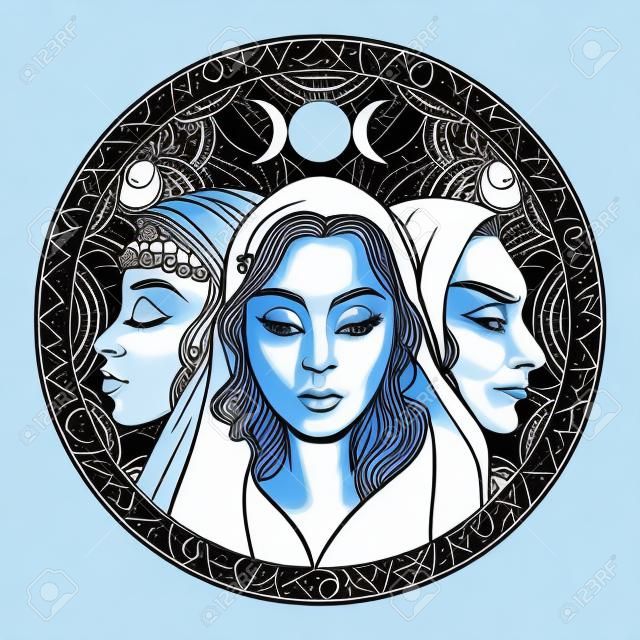 Triple diosa como Doncella, Madre y Bruja, hermosa mujer, símbolo de las fases lunares. Hécate, mitología, wicca, brujería. Ilustración vectorial