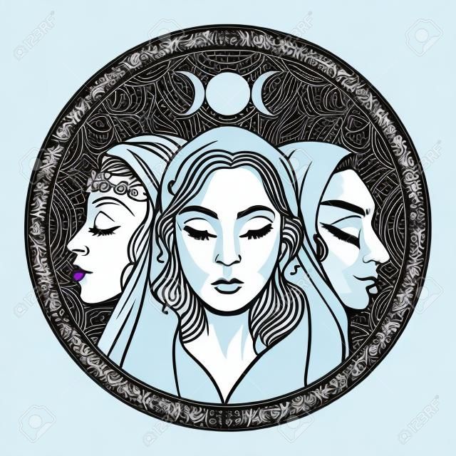 Potrójna bogini jako Dziewica, Matka i Starucha, piękna kobieta, symbol faz księżyca. Hekate, mitologia, wicca, czary. Ilustracja wektorowa