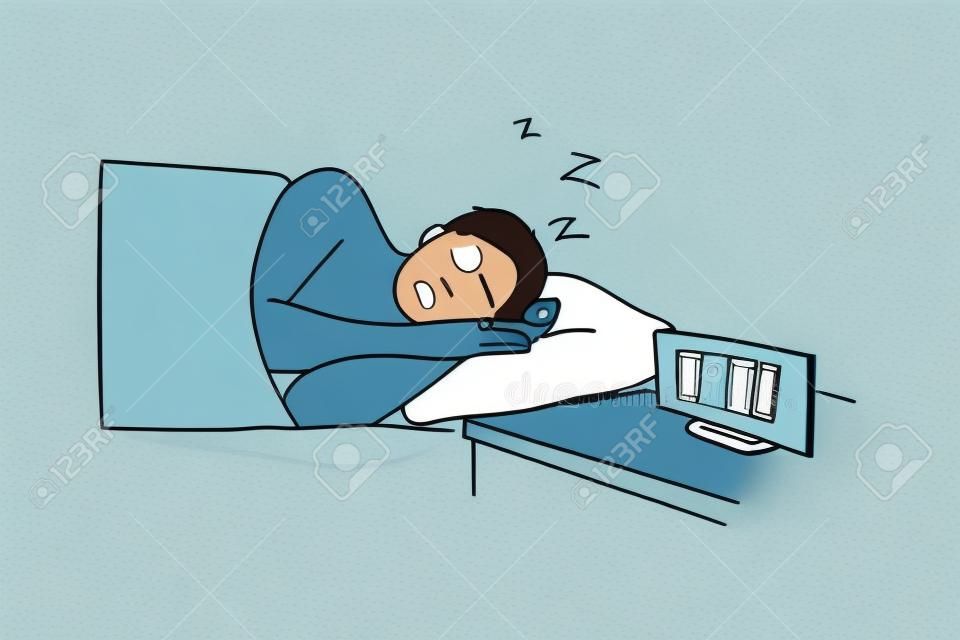Morning, sleep, health, care, dream, relaxation concept. Young man or guy cartoon character lying sleeping in morning at home bed after long work. Taking nap for healthy rest lifestyle illustration.