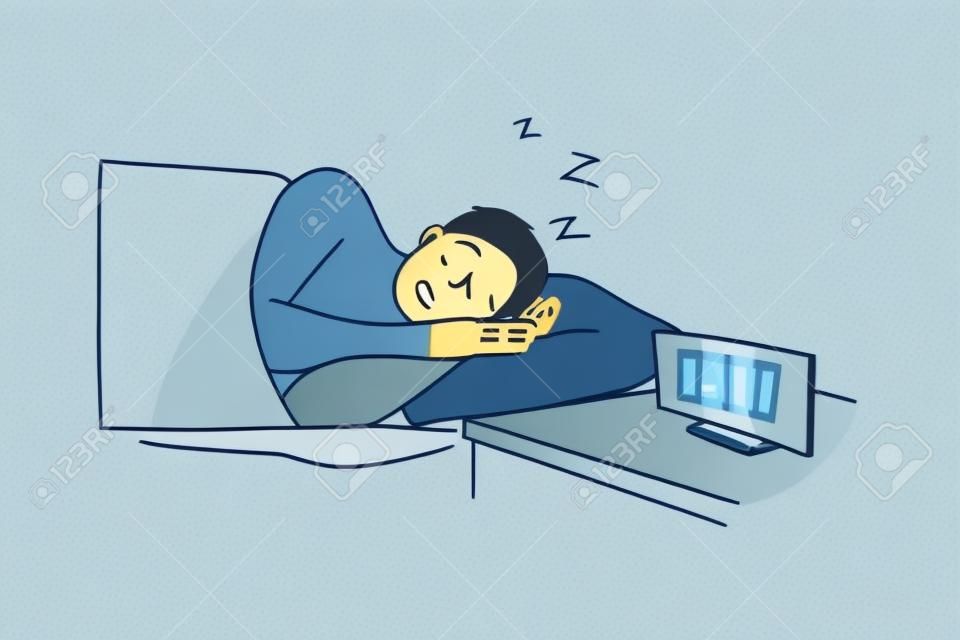 Morning, sleep, health, care, dream, relaxation concept. Young man or guy cartoon character lying sleeping in morning at home bed after long work. Taking nap for healthy rest lifestyle illustration.