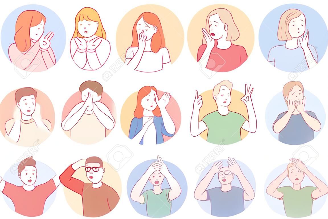 Sign language, gestures, hands communication concept. Young boys and girls cartoon characters showing hugs, hope, thankfulness, shock and pointing both finger to different sides illustration