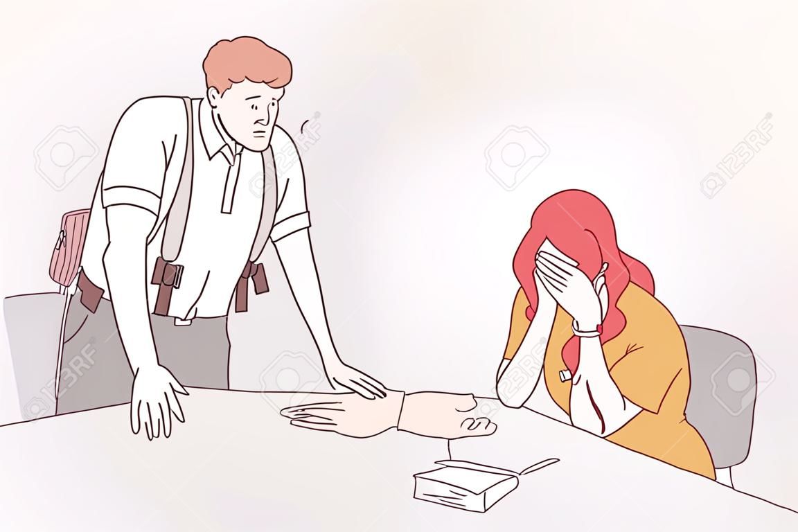 Interrogation of suspected person concept. Furious man police officer investigator cartoon character with gun standing and interrogating sitting depressed woman suspect vector illustration